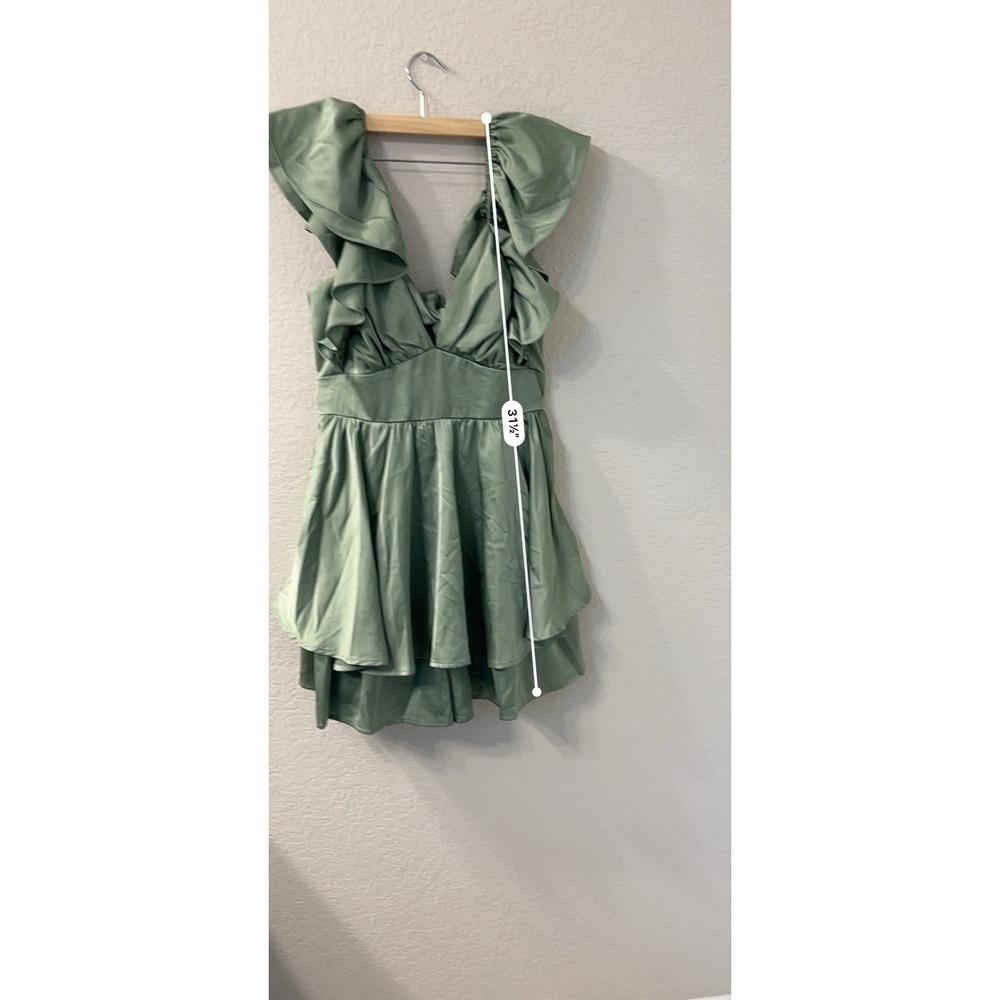 Green Satin Ruffle Romper Mini dress size M - Picture 5 of 6